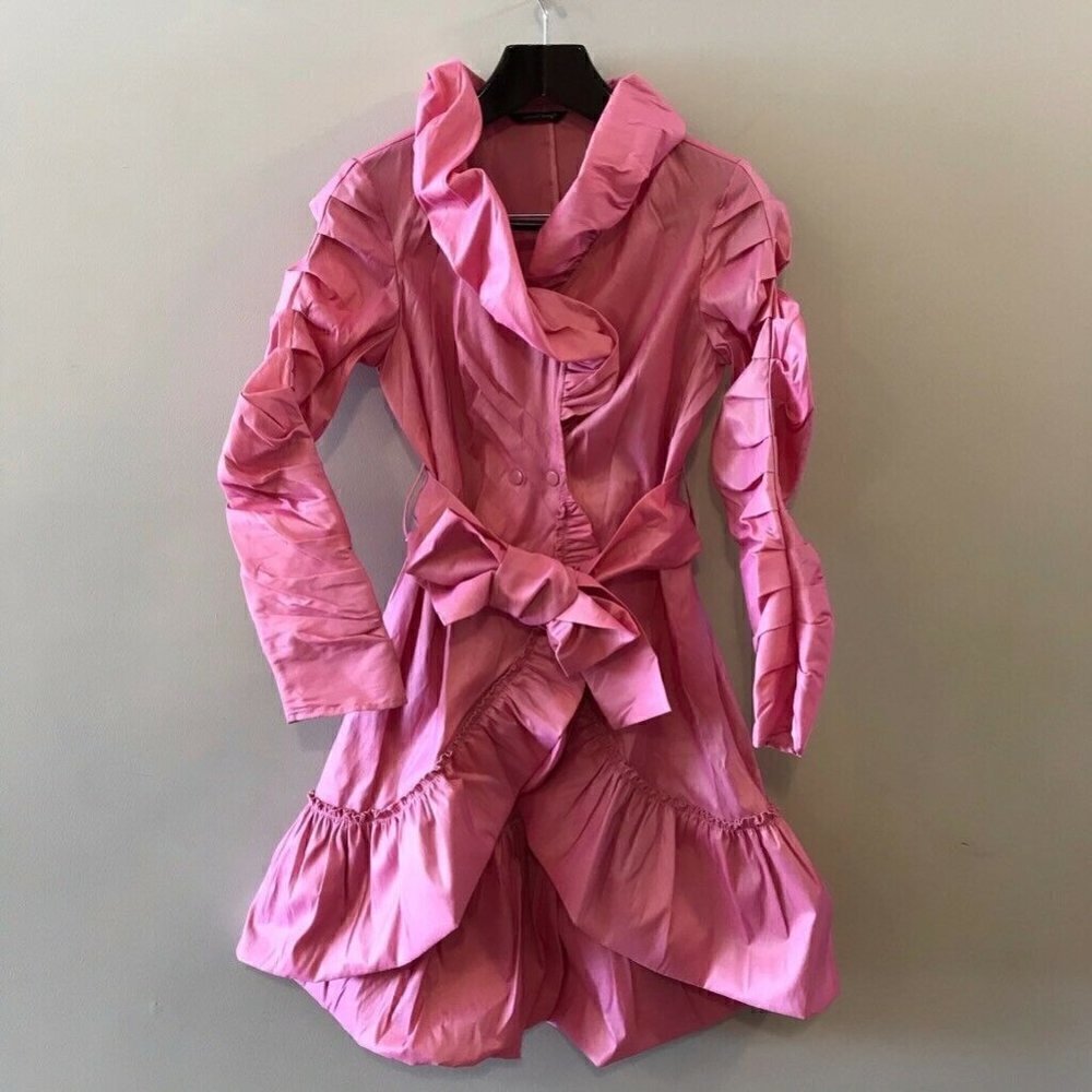 Samuel Dong Dress Coat Jacket Pink Button Ruffle Belted Small
